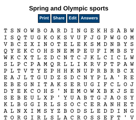 Olympic and Spring Sports Word Search